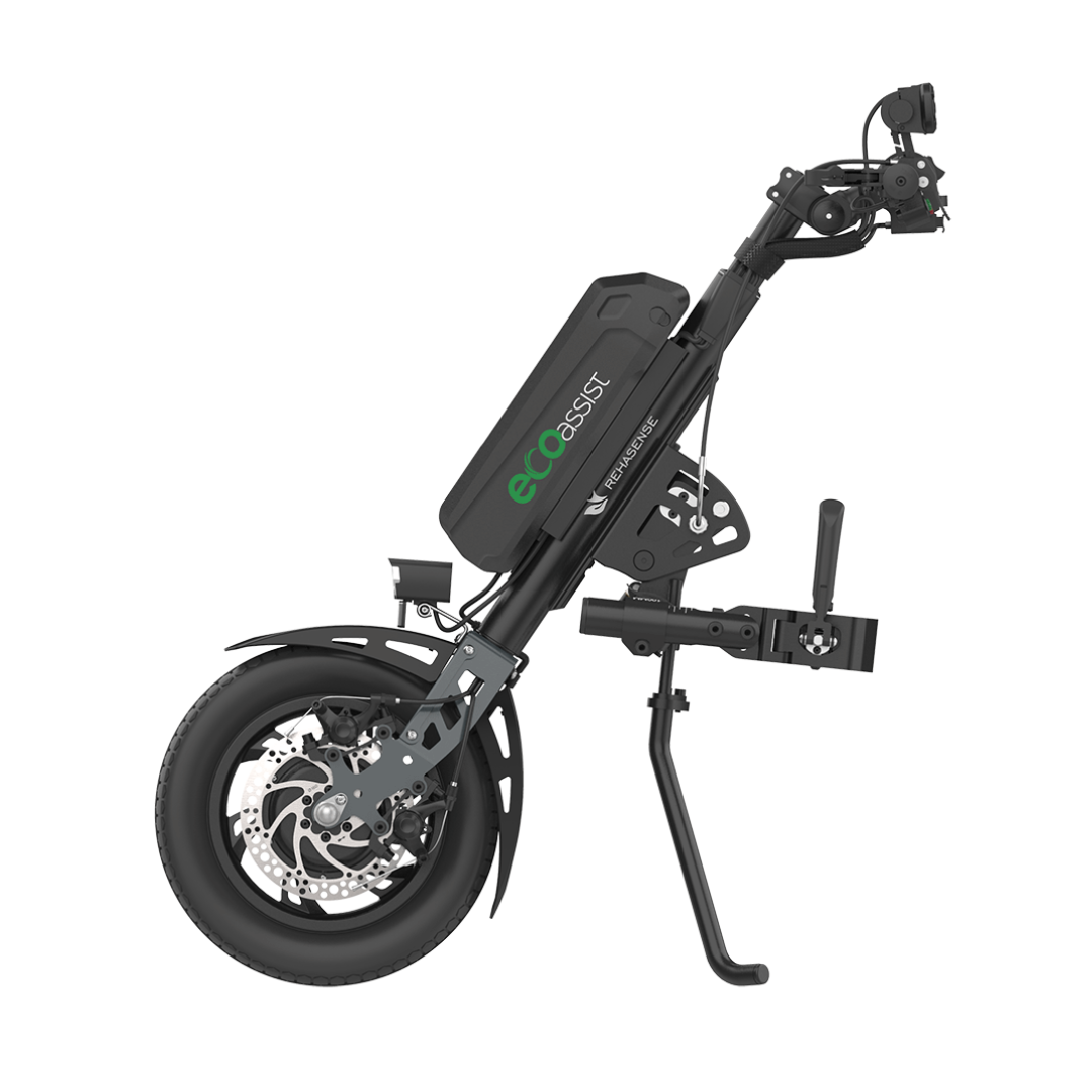 Side view of the Rehasense ECO Assist Power Chair Conversion System, showcasing a large ecoAssist-labeled battery on a black frame with wheel, disc brake, handlebars, and stand—an ideal mobility solution.
