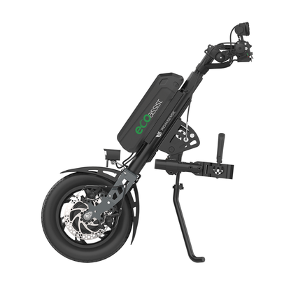 Side view of the Rehasense ECO Assist Power Chair Conversion System, showcasing a large ecoAssist-labeled battery on a black frame with wheel, disc brake, handlebars, and stand—an ideal mobility solution.