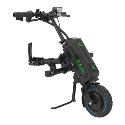 Front view of the Rehasense ECO Travel BX Power Add-On – Lightweight Wheelchair Assist, featuring a single wheel, handlebars, display, and a black EcoTranzit battery with sleek black and green accents.