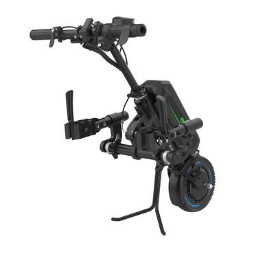 The Rehasense ECO Travel BX Power Add-On – Lightweight Wheelchair Assist is a black electric handbike with handlebars, control panel, single blue-accented front wheel, and kickstand for easy attachment to manual wheelchairs.