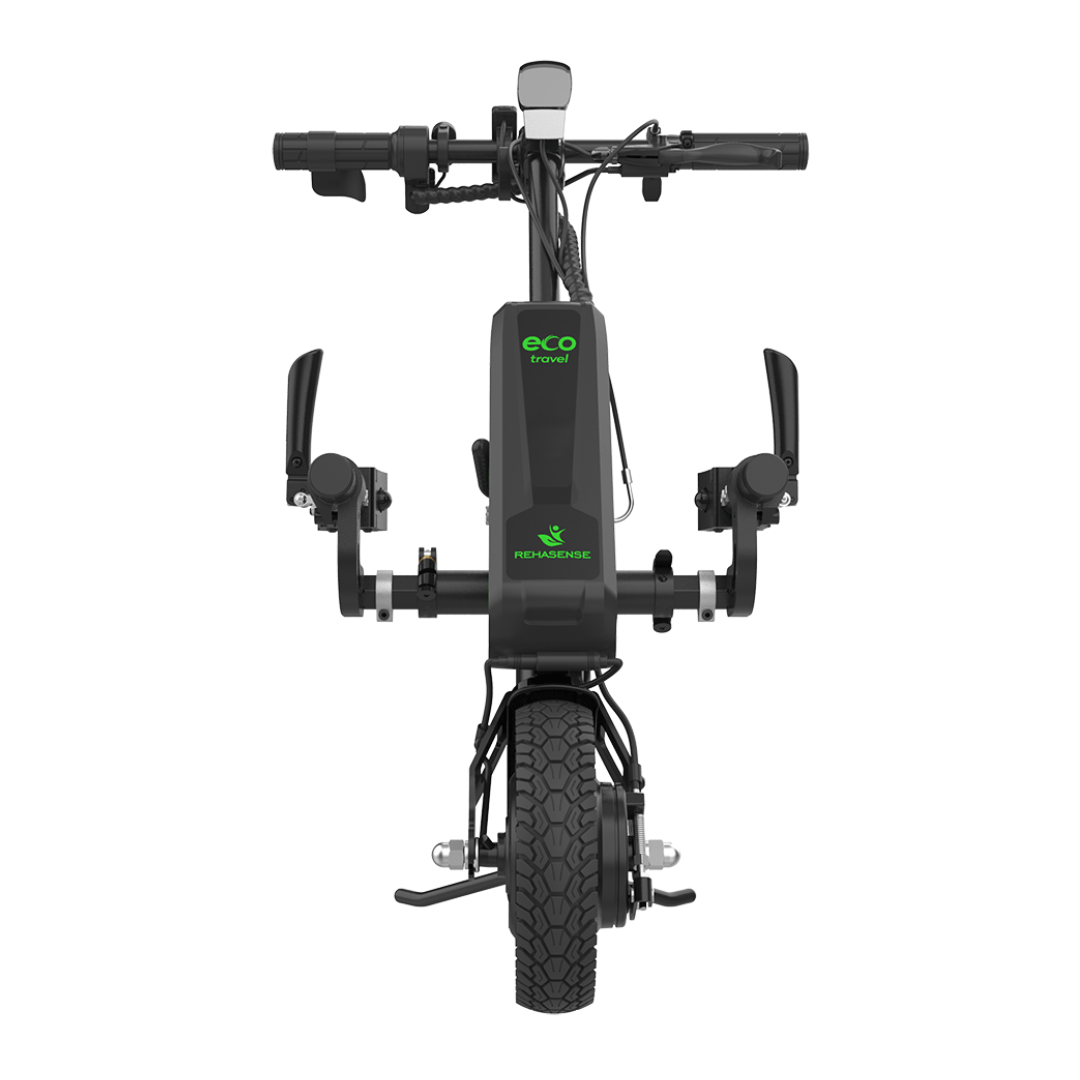 Front view of the black Rehasense ECO Travel BX Power Add-On – Lightweight Wheelchair Assist, featuring "eco trend" and "Remisense" logos, handlebars, wheel, footrests, and control cables on a white background.