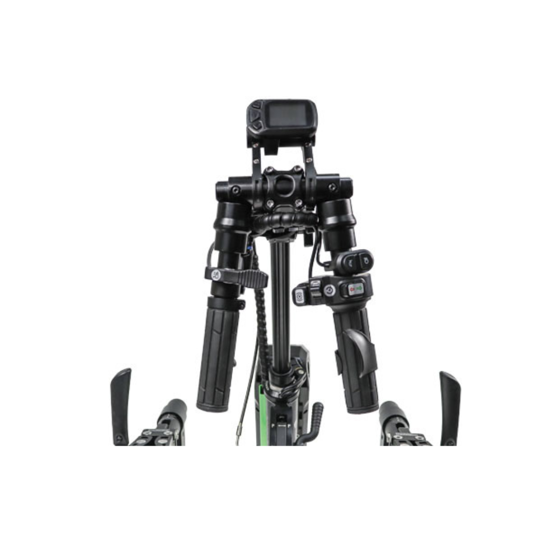 Front view of a Rehasense ECO Travel LX Power Add-On – Lightweight Wheelchair Motor Assist, showing the handlebar with mounted electronic devices, including a digital screen, controls, and the power add-on at the center and sides.