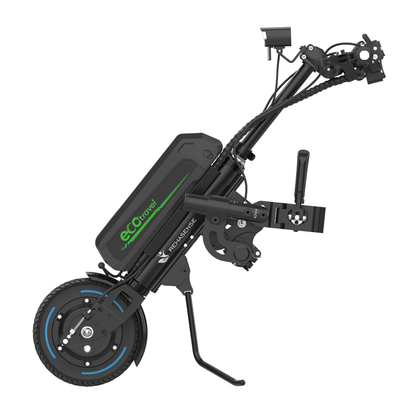 The Rehasense ECO Travel LX Power Add-On – Lightweight Wheelchair Motor Assist is a compact, foldable unit that attaches to a manual wheelchair for powered mobility and stands upright for convenient storage or transport.