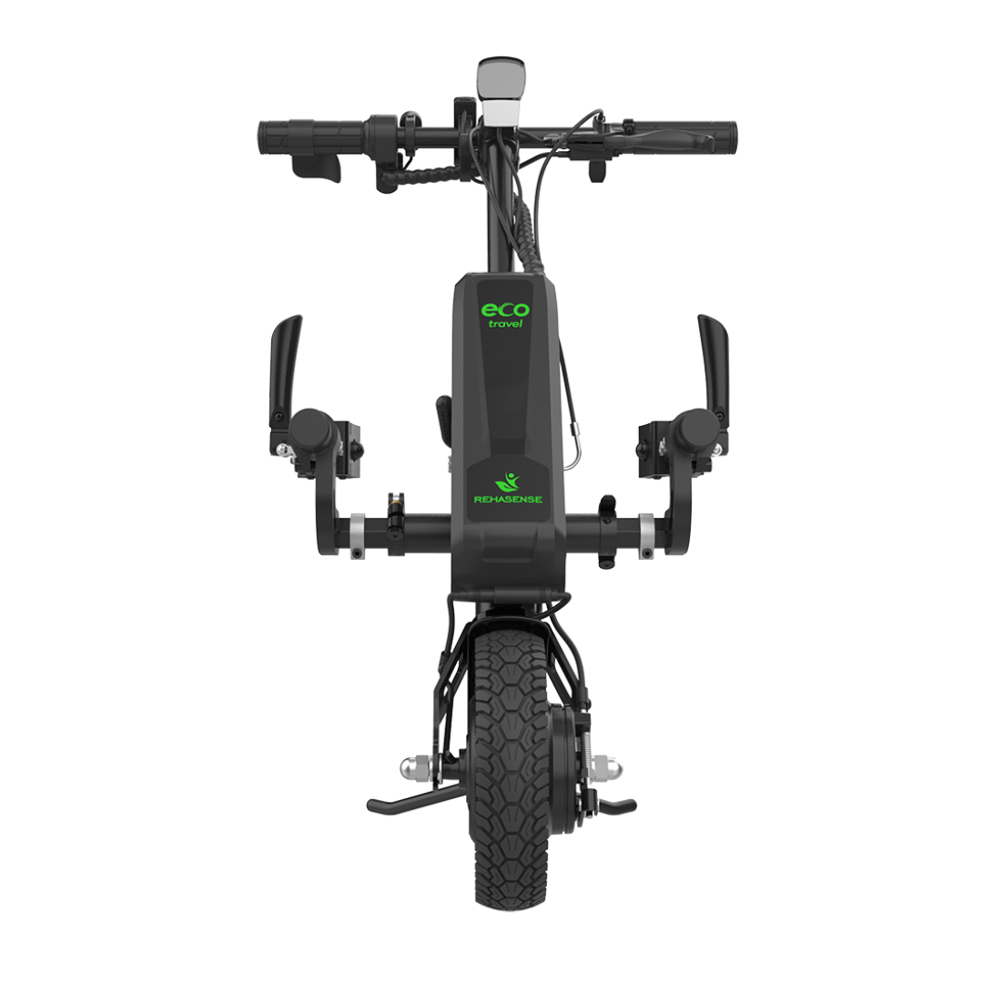 Front view of the Rehasense ECO Travel LX Power Add-On – Lightweight Wheelchair Motor Assist in black, featuring eco travel and green graphics, handlebars, a single front wheel, and mounting brackets on each side.