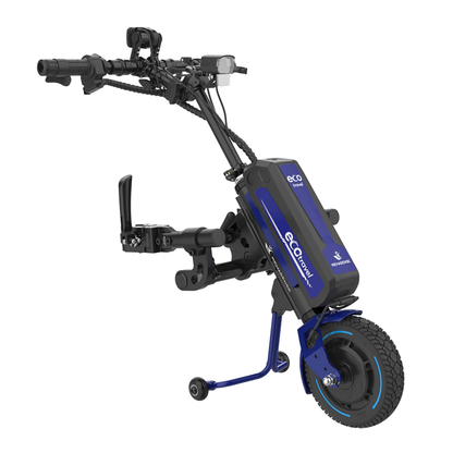 The Rehasense ECO Travel LX Power Add-On – Lightweight Wheelchair Motor Assist is a compact blue and black unit with a single front wheel and handlebar, designed to convert a manual wheelchair into a powered vehicle.