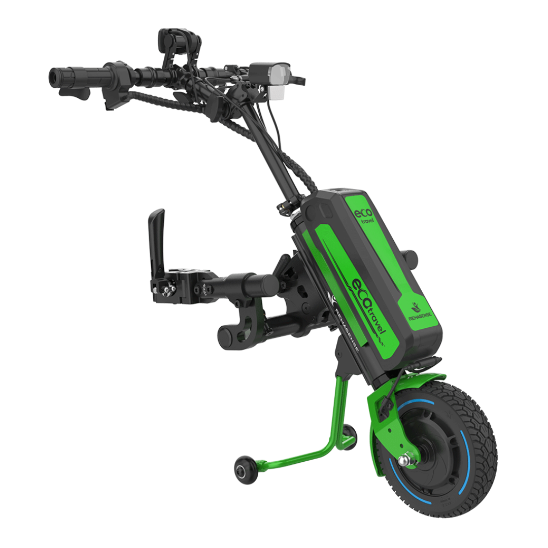 The Rehasense ECO Travel LX Power Add-On is a lightweight motor assist with handlebars and mounting hardware, converting a manual wheelchair into an electric-powered vehicle with a single front wheel.