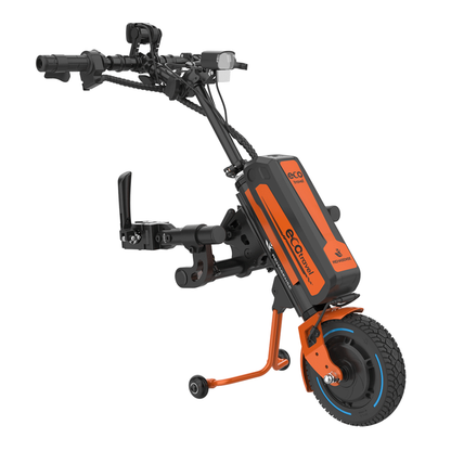 The Rehasense ECO Travel LX Power Add-On – Lightweight Wheelchair Motor Assist is an orange and black single-front-wheel unit with handlebars and a battery pack, designed to convert your manual wheelchair into an efficient electric trike.