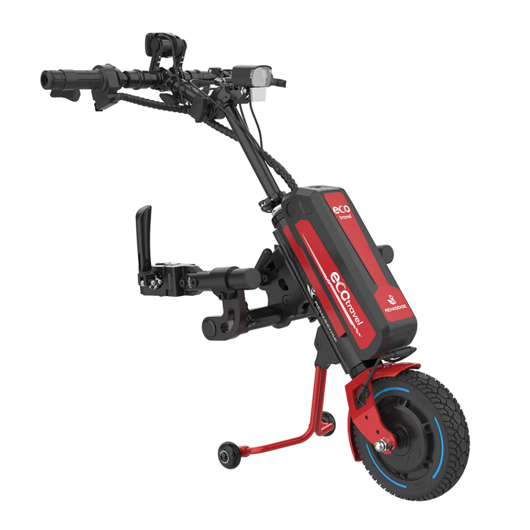 The Rehasense ECO Travel LX Power Add-On – Lightweight Wheelchair Motor Assist is a red and black unit for manual wheelchairs, featuring a single front wheel, handlebars, support wheels for balance, and an ECO Hybrid battery pack.