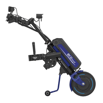 The Rehasense ECO Travel LX Power Add-On – Lightweight Wheelchair Motor Assist is a compact, detachable device for manual wheelchairs with a blue-black ecotransit frame, large front wheel, handlebar controls, and kickstand.