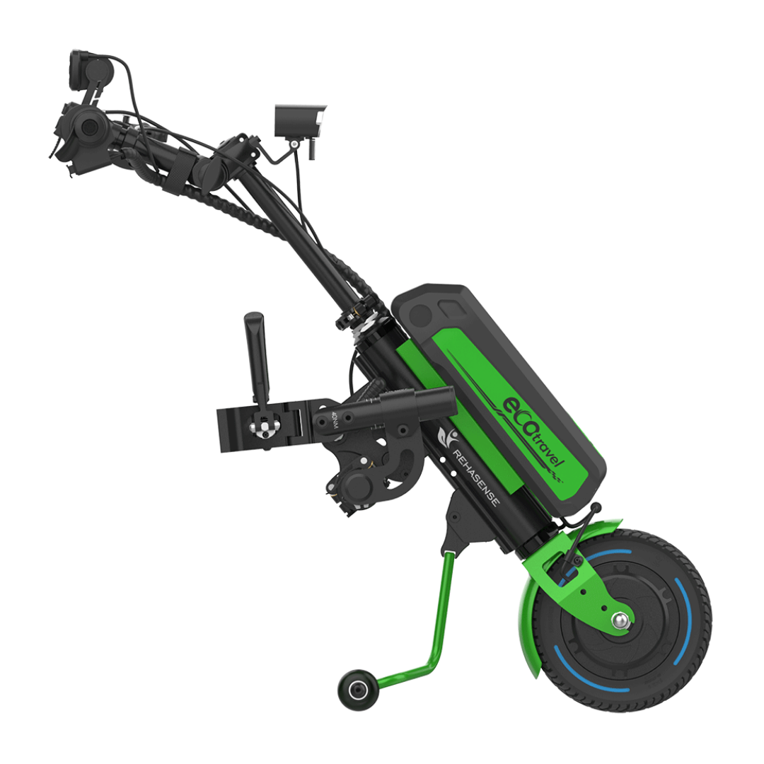 The Rehasense ECO Travel LX Power Add-On is a compact, foldable green and black lightweight wheelchair motor assist with a large front wheel, small kickstand, handlebars, and a battery labeled “eco travel.”.