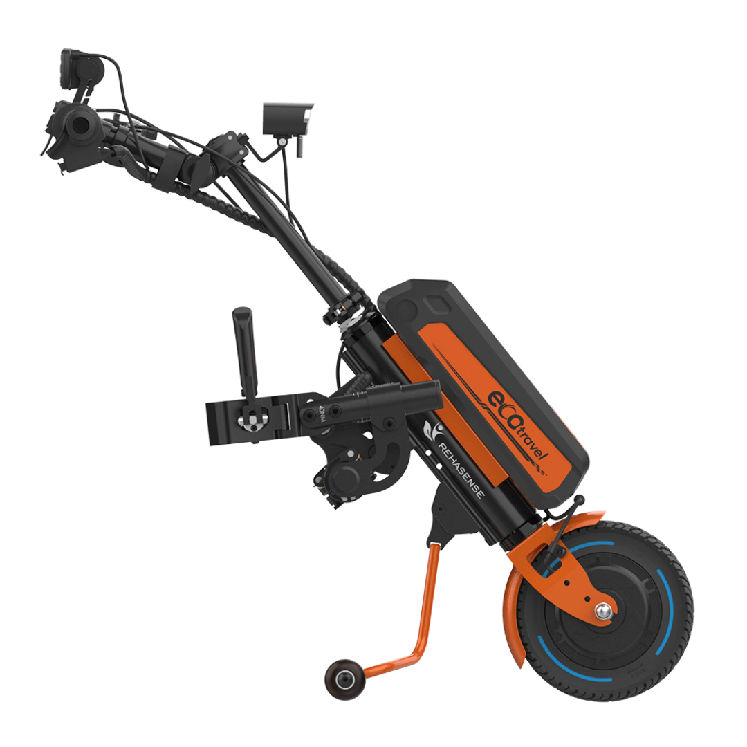 Side view of the Rehasense ECO Travel LX Power Add-On – Lightweight Wheelchair Motor Assist in black and orange, with a single front wheel, support stand, labeled EcoTravel, handlebar controls, and a display screen.