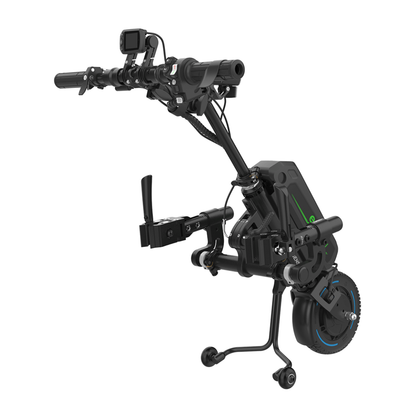 The Rehasense ECO Travel LX Power Add-On – Lightweight Wheelchair Motor Assist includes handlebars, a control panel, and a black battery pack, turning your manual wheelchair into a powered trike for easy mobility.