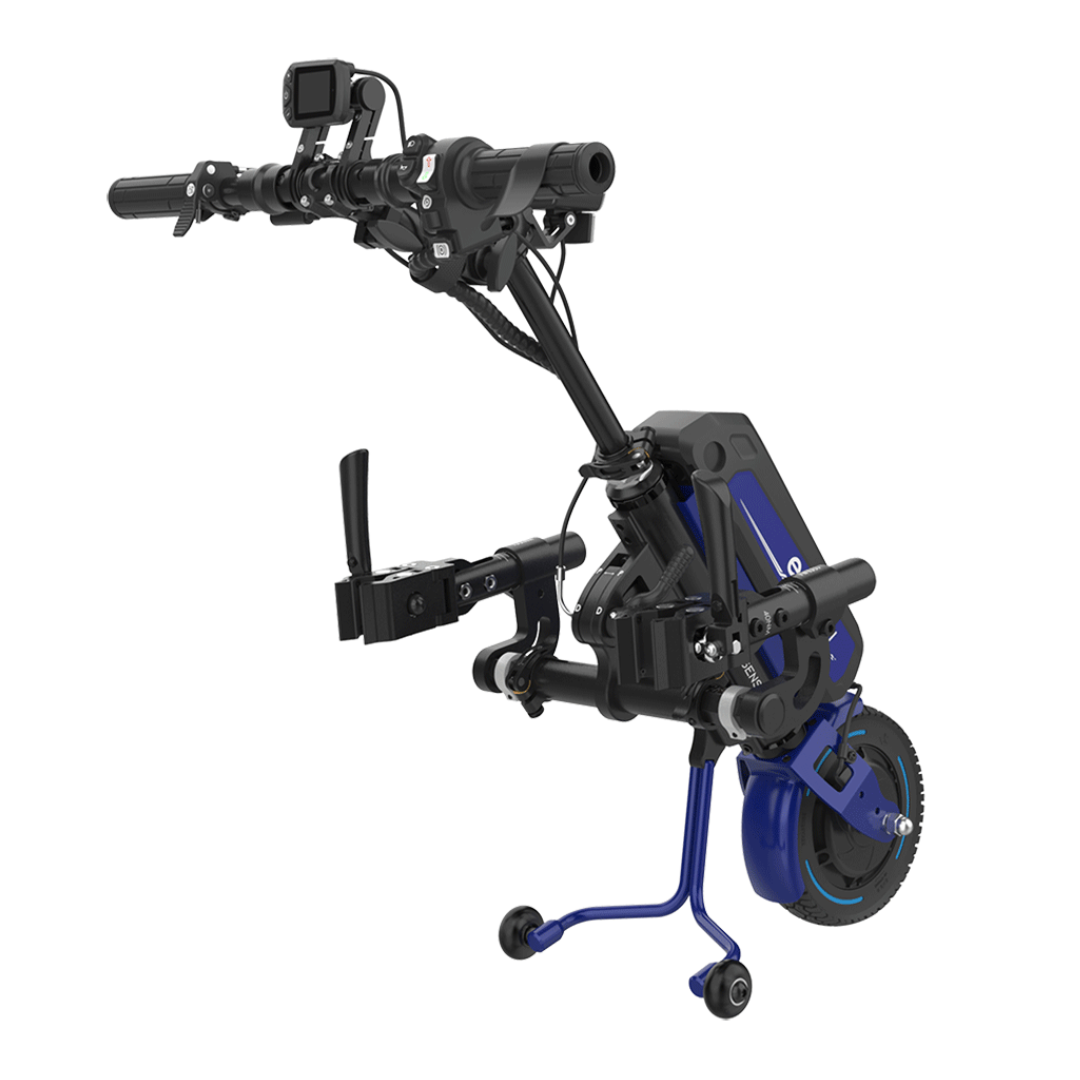 The Rehasense ECO Travel LX Power Add-On is a lightweight, foldable motor assist with handlebars, a small front wheel, and a mounted display, designed to easily convert any manual wheelchair into an electric-powered device.