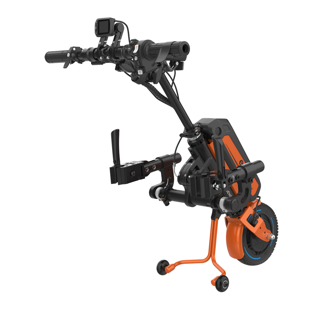 A black and orange Rehasense ECO Travel LX Power Add-On – Lightweight Wheelchair Motor Assist, with handlebars, a front wheel, digital display, and support legs for stability, for use with manual wheelchairs.