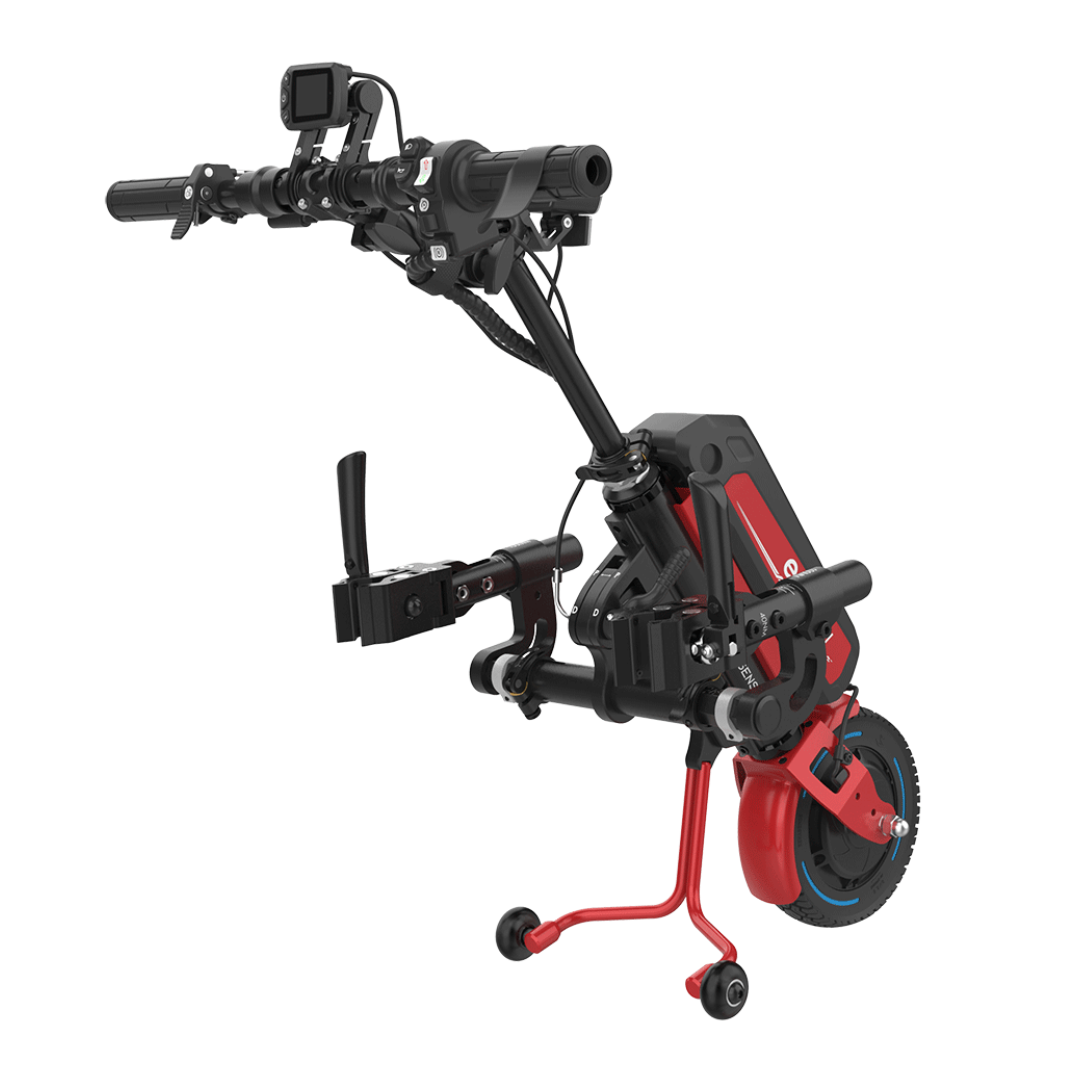 The Rehasense ECO Travel LX Power Add-On – Lightweight Wheelchair Motor Assist is a black and red unit with a single front wheel, handlebars, and a display, turning your manual wheelchair into a powered trike for greater independence.