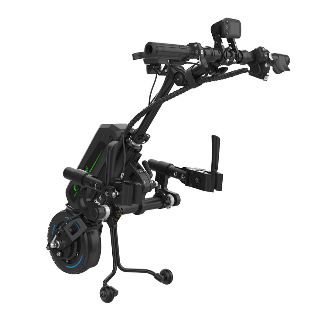The Rehasense ECO Travel LX Power Add-On is a lightweight kit with battery, control panel, handlebar grips, and motorized wheel to convert manual wheelchairs into convenient powered trikes.
