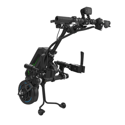 The Rehasense ECO Travel LX Power Add-On is a lightweight kit with battery, control panel, handlebar grips, and motorized wheel to convert manual wheelchairs into convenient powered trikes.