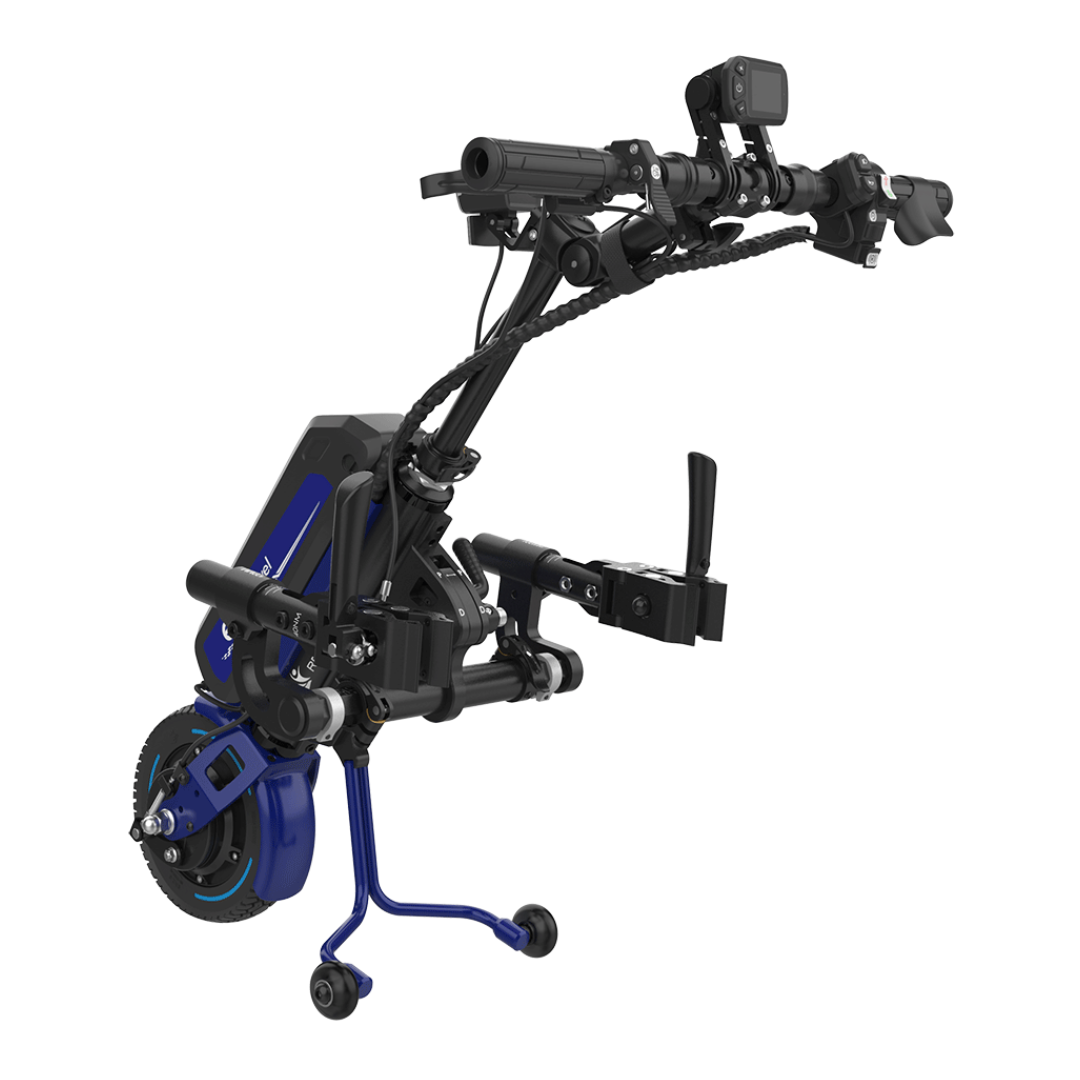 The Rehasense ECO Travel LX Power Add-On – Lightweight Wheelchair Motor Assist converts a manual wheelchair into a powered, steerable device with its blue and black frame, handlebars, control panel, and front wheel.