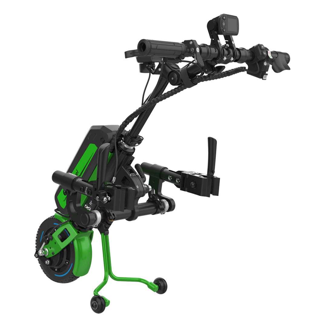 The Rehasense ECO Travel LX Power Add-On – Lightweight Wheelchair Motor Assist is a compact green and black kit with handlebars, control panel, small front wheel, and mounting brackets for easy motorized mobility when attached to a manual wheelchair.