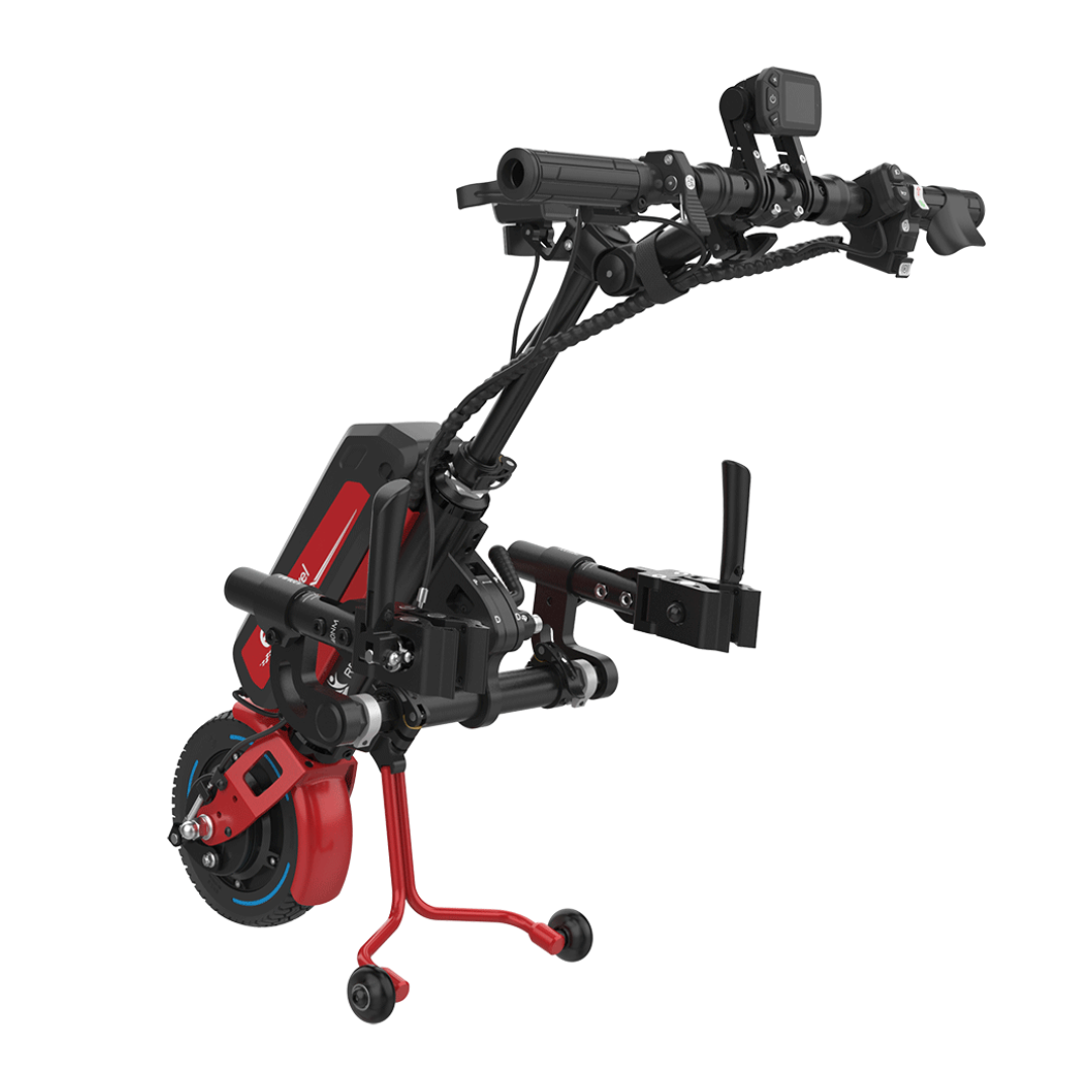 The Rehasense ECO Travel LX Power Add-On is a lightweight, motorized assist kit with a red and black wheel, battery pack, handlebars, brake lever, and support legs—ideal for turning a manual wheelchair into an electric one.