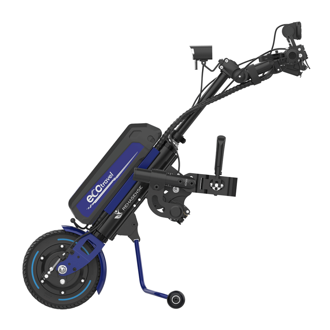 The Rehasense ECO Travel LX Power Add-On is a lightweight black and blue motor assist with one front wheel, battery pack, handlebar, and kickstand that attaches to a manual wheelchair for powered mobility.