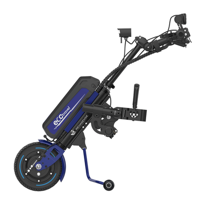The Rehasense ECO Travel LX Power Add-On is a lightweight black and blue motor assist with one front wheel, battery pack, handlebar, and kickstand that attaches to a manual wheelchair for powered mobility.
