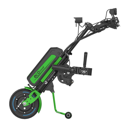 Side view of the Rehasense ECO Travel LX Power Add-On – Lightweight Wheelchair Motor Assist in green and black, featuring a single front wheel, foldable frame, battery, handlebar, and stand to convert a manual wheelchair into a powered one.