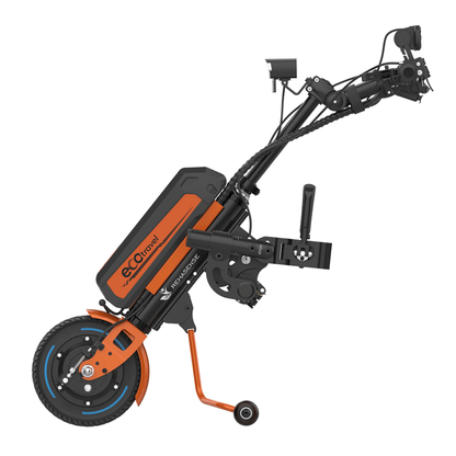 Side view of the compact, black and orange Rehasense ECO Travel LX Power Add-On – Lightweight Wheelchair Motor Assist with handlebar and stand, designed to turn a manual wheelchair into a powered device.