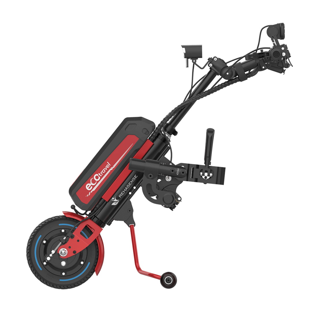 The Rehasense ECO Travel LX Power Add-On – Lightweight Wheelchair Motor Assist features a foldable design, large front wheel, red frame, black eco Charge battery, handlebars, and stand to easily convert your manual wheelchair to electric assist.