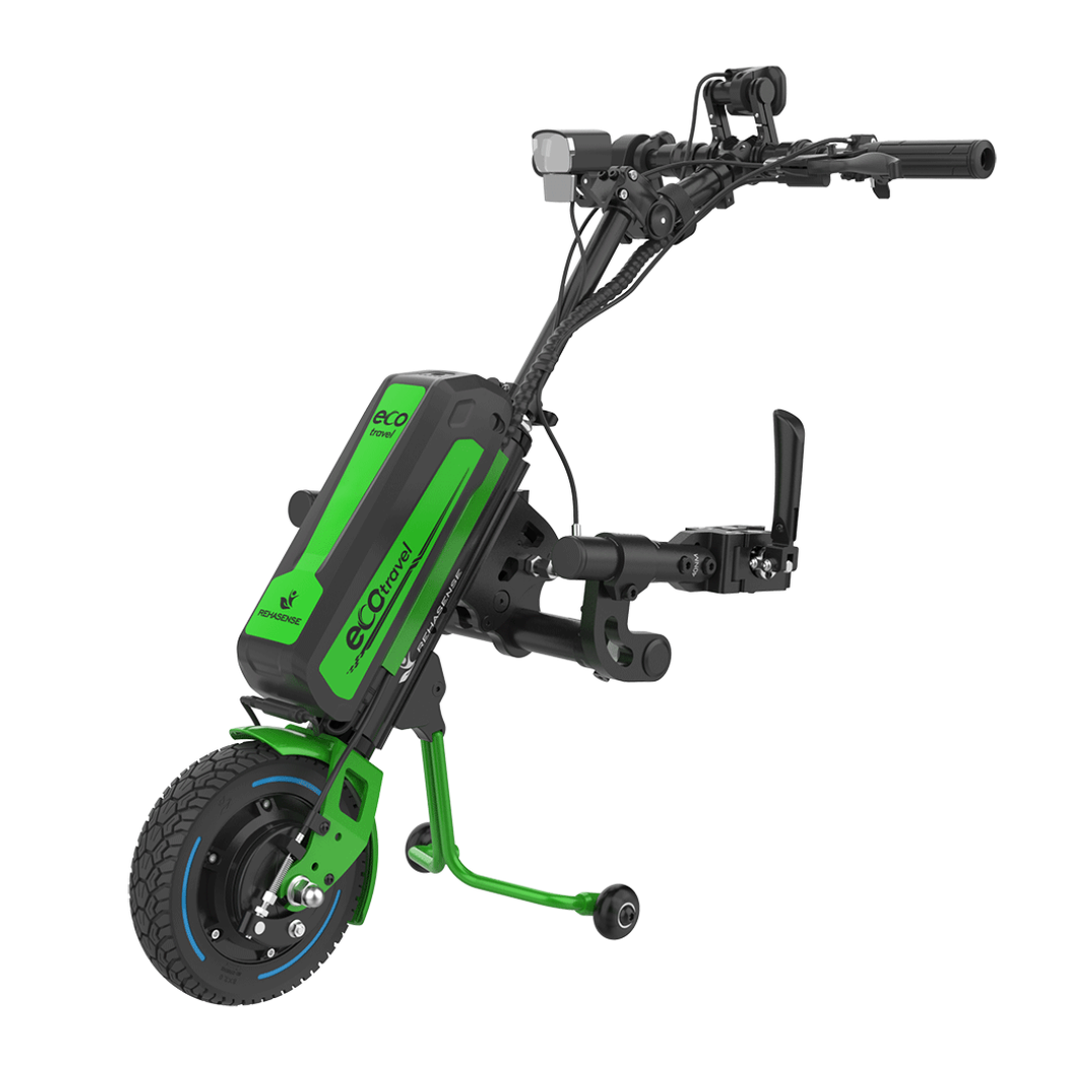 The Rehasense ECO Travel LX Power Add-On – Lightweight Wheelchair Motor Assist is a green and black kit with a front wheel, battery pack, handlebars, and mounting hardware that converts manual wheelchairs into powered ones.
