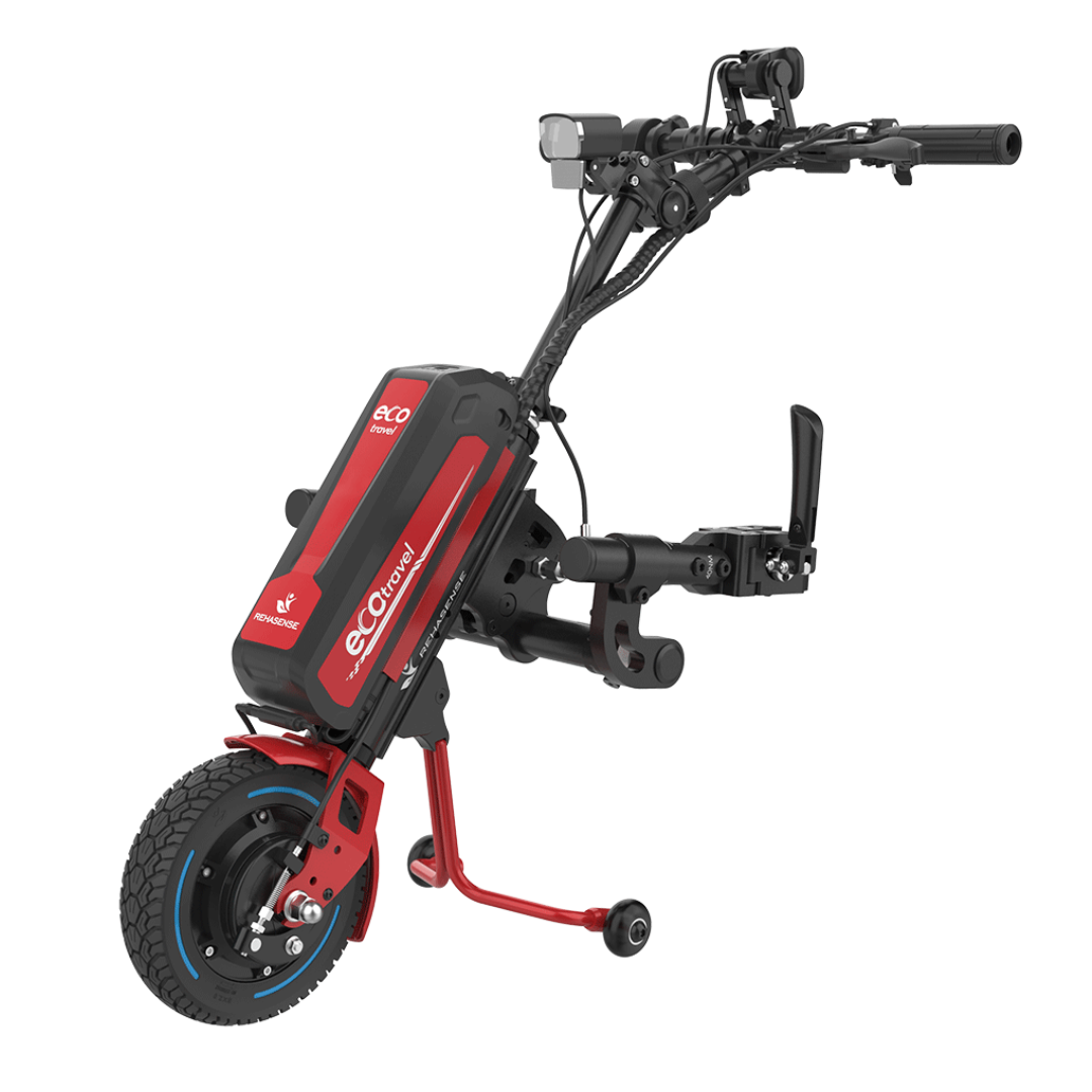 The Rehasense ECO Travel LX Power Add-On – Lightweight Wheelchair Motor Assist is a compact red and black unit with a single wheel, handlebar, and battery that converts a manual wheelchair into an electric-powered vehicle.