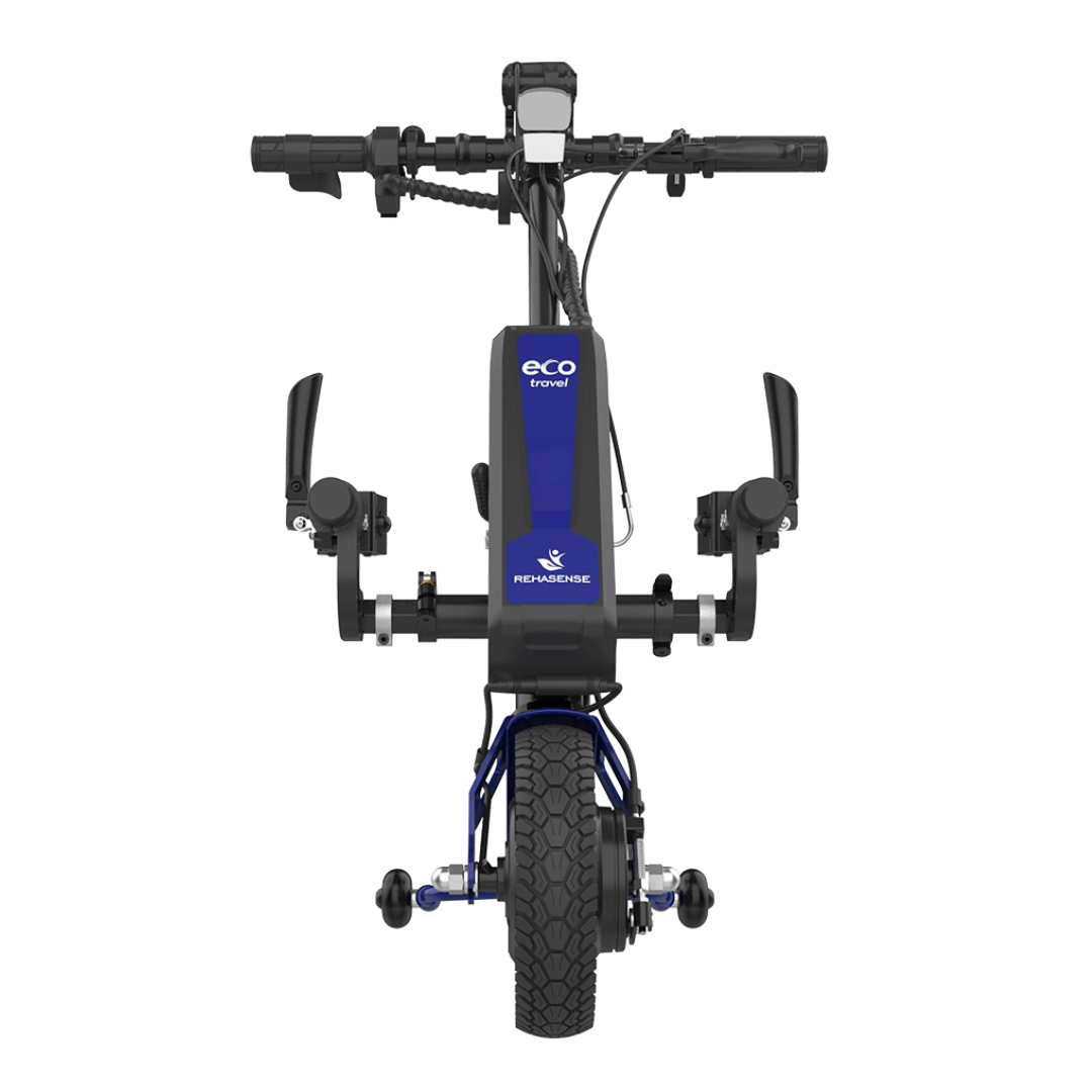 Front view of the Rehasense ECO Travel LX Power Add-On – Lightweight Wheelchair Motor Assist, a compact single-wheel device with handlebars, designed to attach to manual wheelchairs for enhanced mobility.