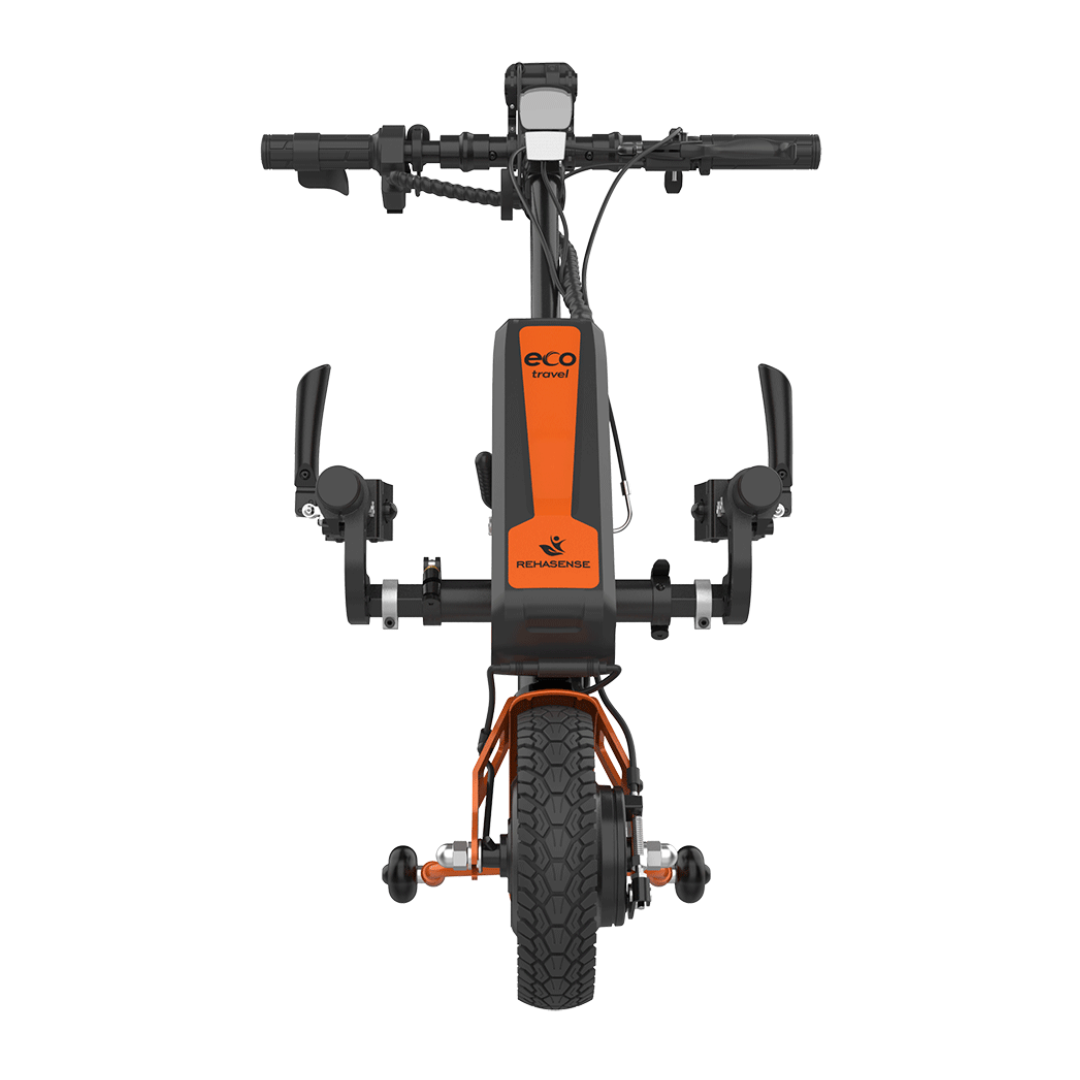 Front view of the orange and black Rehasense ECO Travel LX Power Add-On – Lightweight Wheelchair Motor Assist, featuring a single wheel, handlebars, control components, and labeled eco triride and Remakmedic.