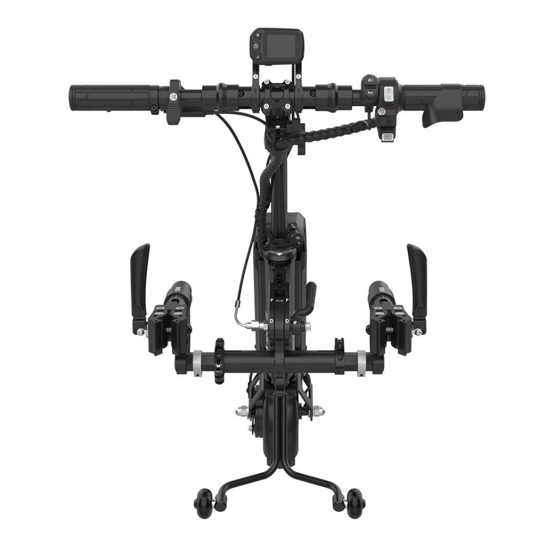 Front view of a black, foldable Rehasense ECO Travel LX Power Add-On – Lightweight Wheelchair Motor Assist, featuring handlebars, screen, and dual footrests for easy attachment to manual wheelchairs.