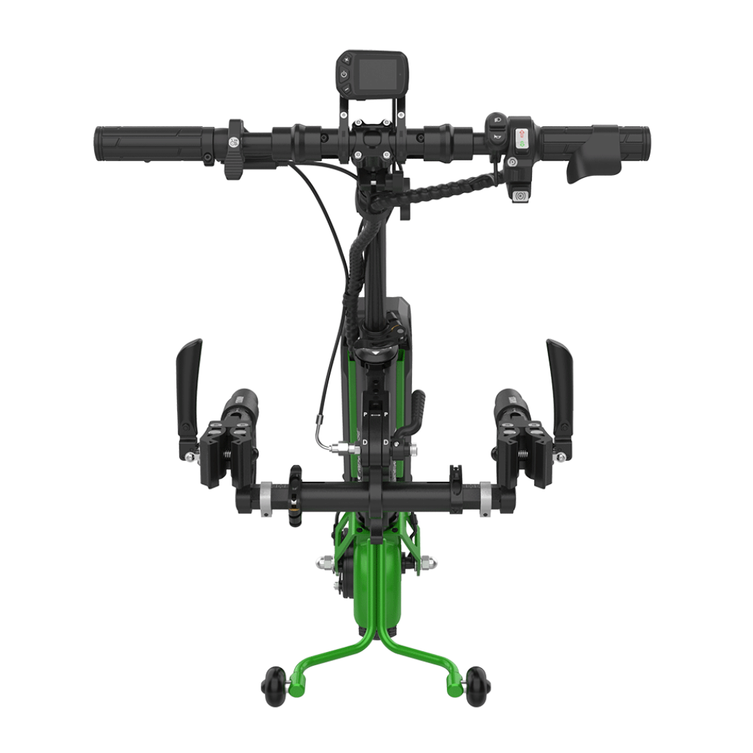 Front view of a green folding bike with black handlebars, pedals, and accessories, highlighting its compact, symmetrical design—comparable in convenience to the Rehasense ECO Travel LX Power Add-On (Lightweight Wheelchair Motor Assist)—against a white background.