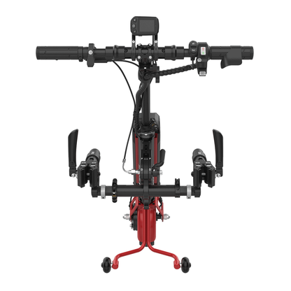 Front view of the Rehasense ECO Travel LX Power Add-On – Lightweight Wheelchair Motor Assist, showing handlebar with electronic display, brake levers, gear shifters, and two pairs of adjustable foot pedals on a red base with small wheels.
