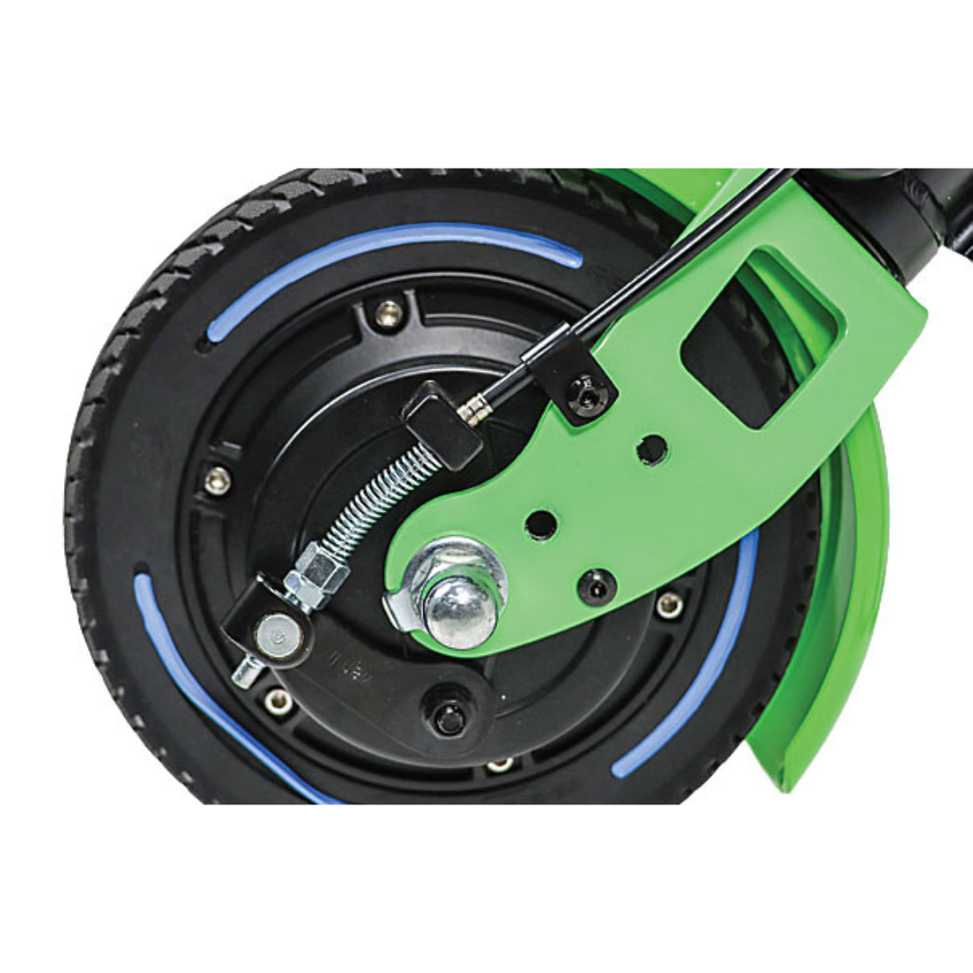 Close-up of a black rubber tire with blue accents on the Rehasense ECO Travel LX Power Add-On – Lightweight Wheelchair Motor Assist, showing the wheel hub, bolts, and metal support arm with spring mechanism.