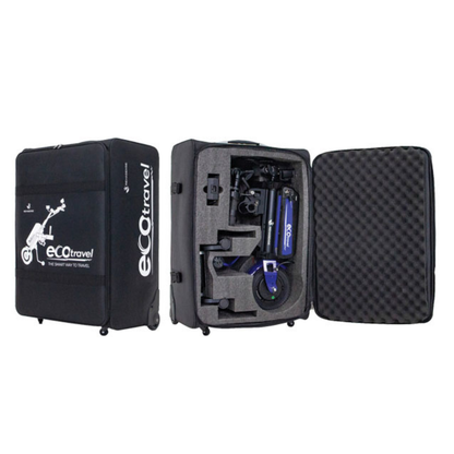 Two black wheeled suitcases are shown: one closed with the Rehasense ECO Travel LX Power Add-On – Lightweight Wheelchair Motor Assist logo and scooter graphic, and one open to reveal the packed motor assist device in foam padding.