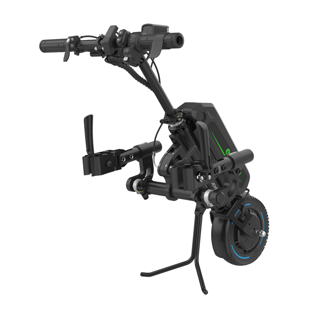 The Rehasense ECO Travel LX Power Add-On – Lightweight Wheelchair Motor Assist is a black and green device with handlebars, single front wheel, and kickstand, designed to mount to manual wheelchairs for improved mobility.