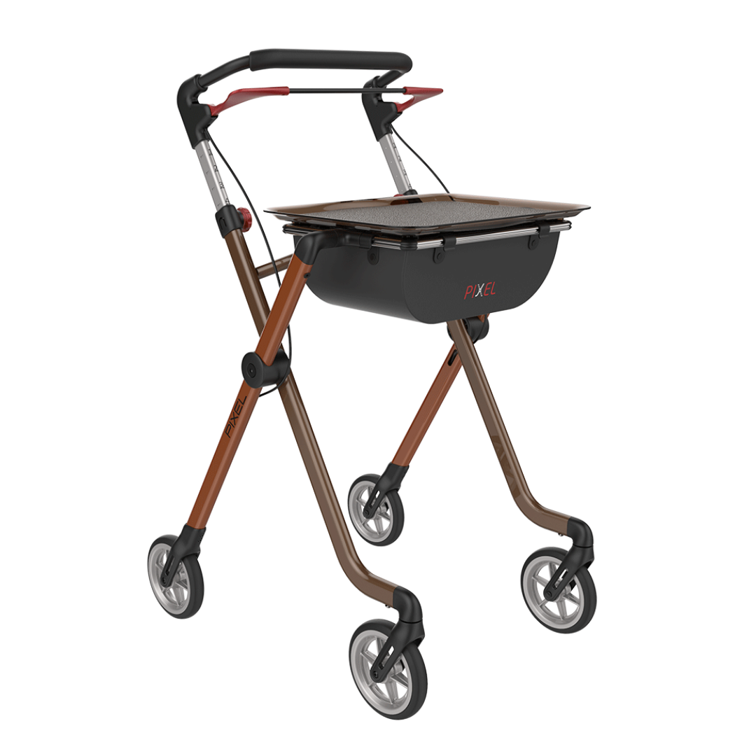 The Rehasense Pixel Indoor Rolling Walker features a sleek brown frame, four small wheels, ergonomic handles, and a black storage compartment with a flat tray—ideal for stylish mobility indoors.