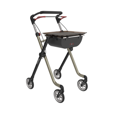 The Rehasense Pixel Indoor Rolling Walker features a lightweight, foldable black metallic frame with red accents, four wheels, ergonomic handles, and a flat tabletop surface for carrying items—perfect for modern indoor mobility.