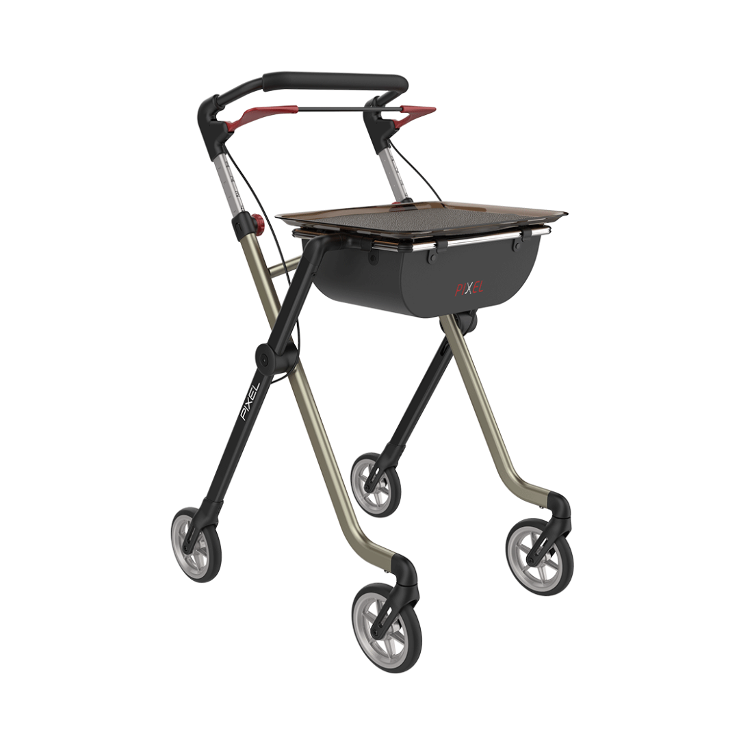 The Rehasense Pixel Indoor Rolling Walker features a lightweight, foldable black metallic frame with red accents, four wheels, ergonomic handles, and a flat tabletop surface for carrying items—perfect for modern indoor mobility.