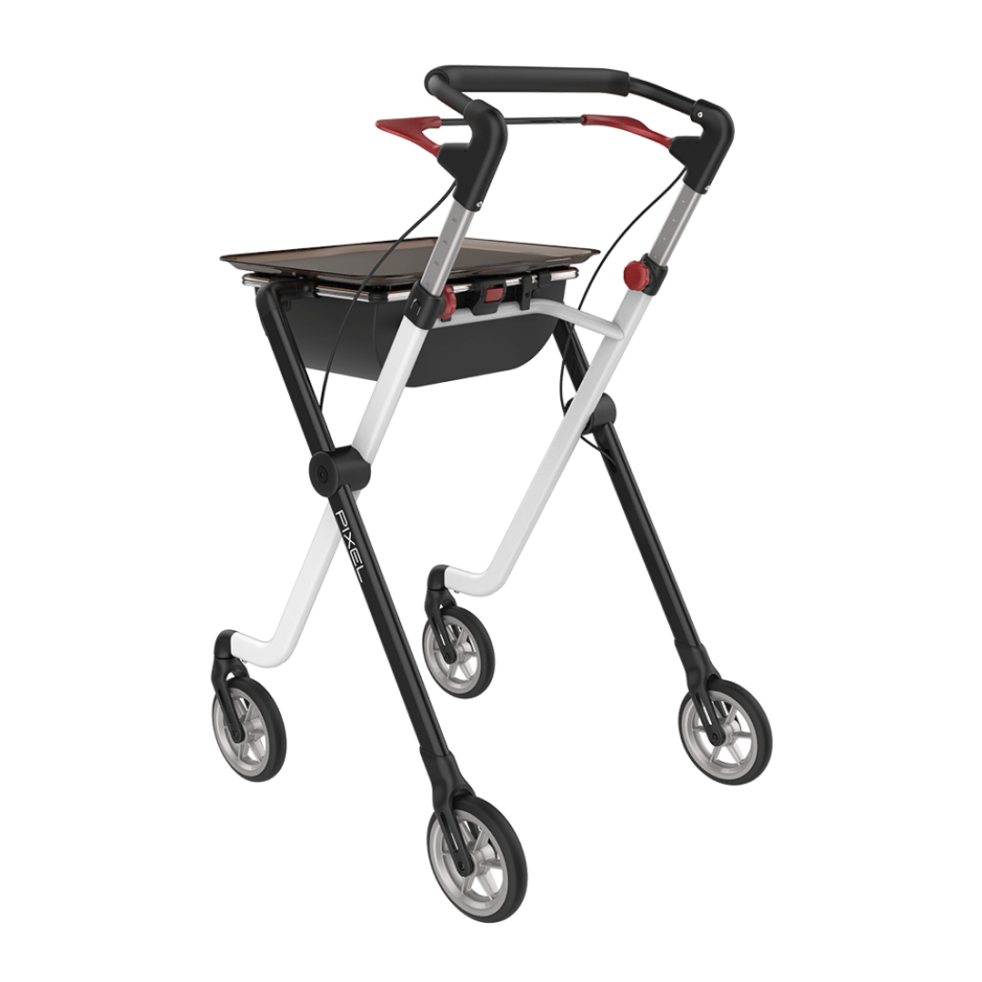 The Rehasense Pixel Indoor Rolling Walker offers a modern, lightweight design with four wheels, a black and white frame, red adjustment knobs, ergonomic handles, and a flat tray with a storage bin underneath.