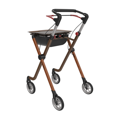 The Rehasense Pixel Indoor Rolling Walker features a modern brown frame, black handles, four wheels, a tray surface, and a black storage compartment.