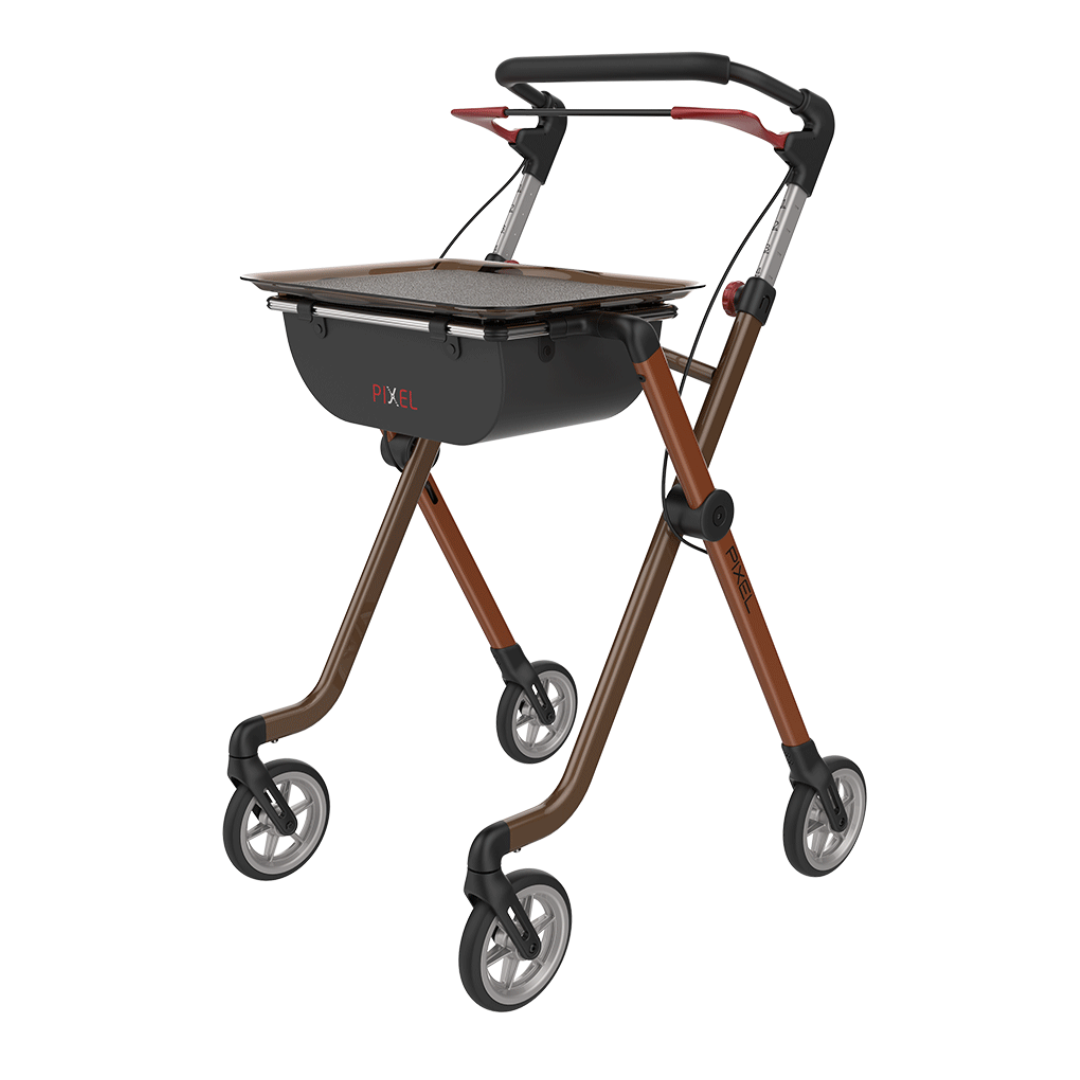 The Rehasense Pixel Indoor Rolling Walker features a brown and black frame with red accents, four wheels, ergonomic handles, a flat tray labeled "PIXEL," and boasts compact, lightweight construction for indoor use.