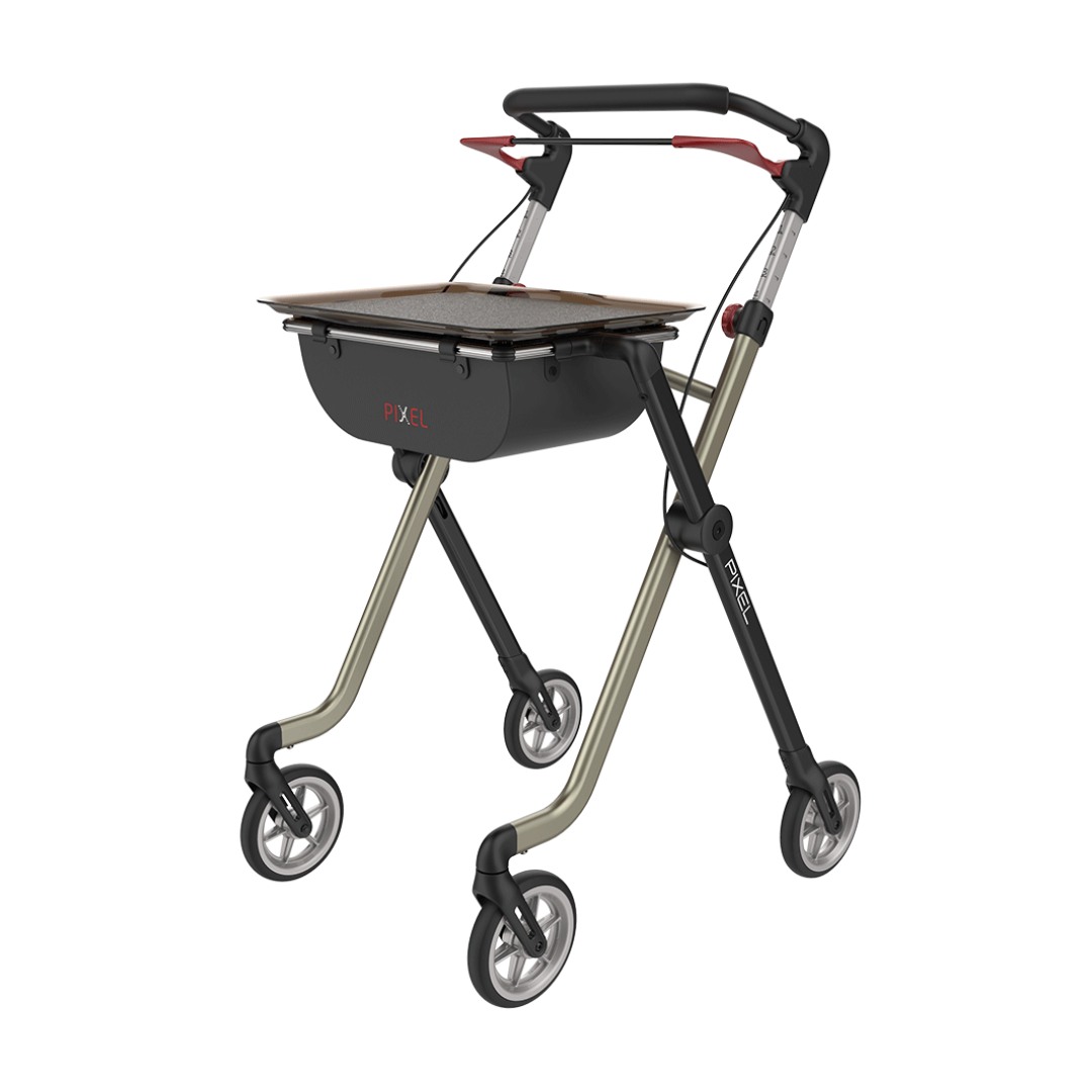 The Rehasense Pixel Indoor Rolling Walker features a modern metallic frame with black and red accents, ergonomic handles, four wheels, and a built-in brown tray. The walker is labeled PIXEL.