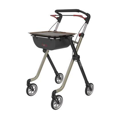 The Rehasense Pixel Indoor Rolling Walker features a modern metallic frame with black and red accents, ergonomic handles, four wheels, and a built-in brown tray. The walker is labeled PIXEL.