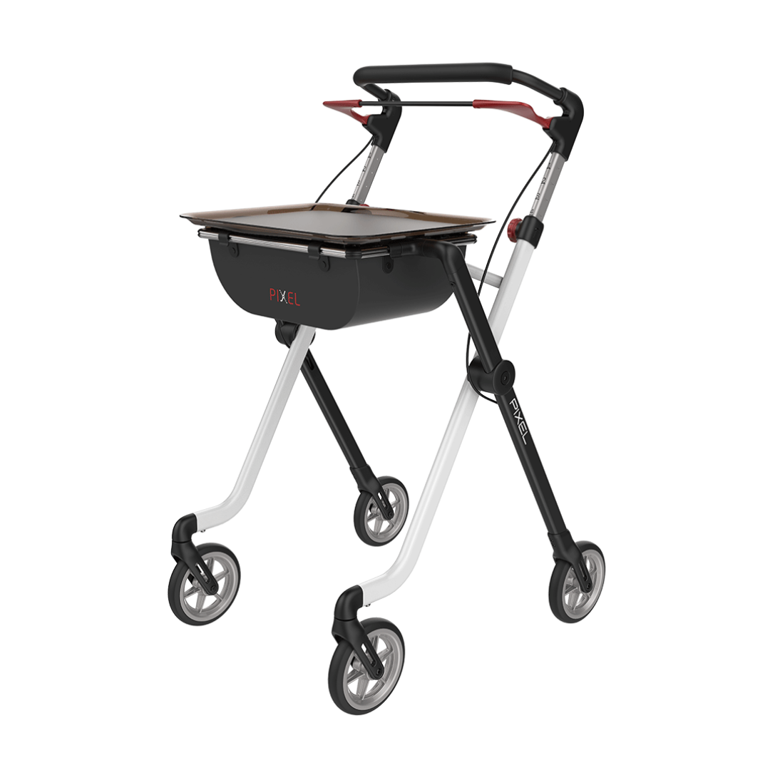 The Rehasense Pixel Indoor Rolling Walker features a modern black and white frame, four wheels, ergonomic handles, and a flat tabletop with storage underneath—ideal for indoor mobility and support.