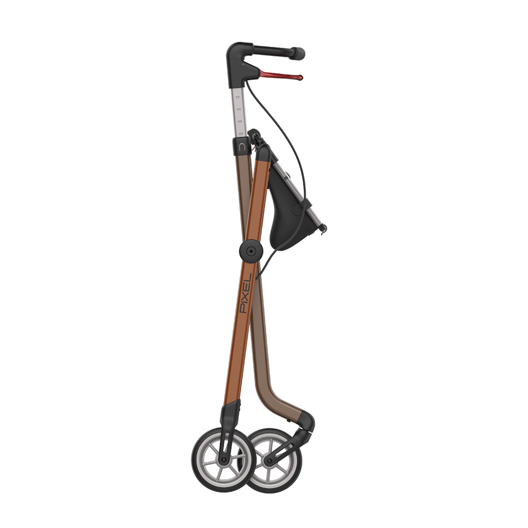 The Rehasense Pixel Indoor Rolling Walker, shown folded upright, is a compact brown and black walker with four wheels, a handlebar, and brake lever—ideal for easy maneuvering indoors.