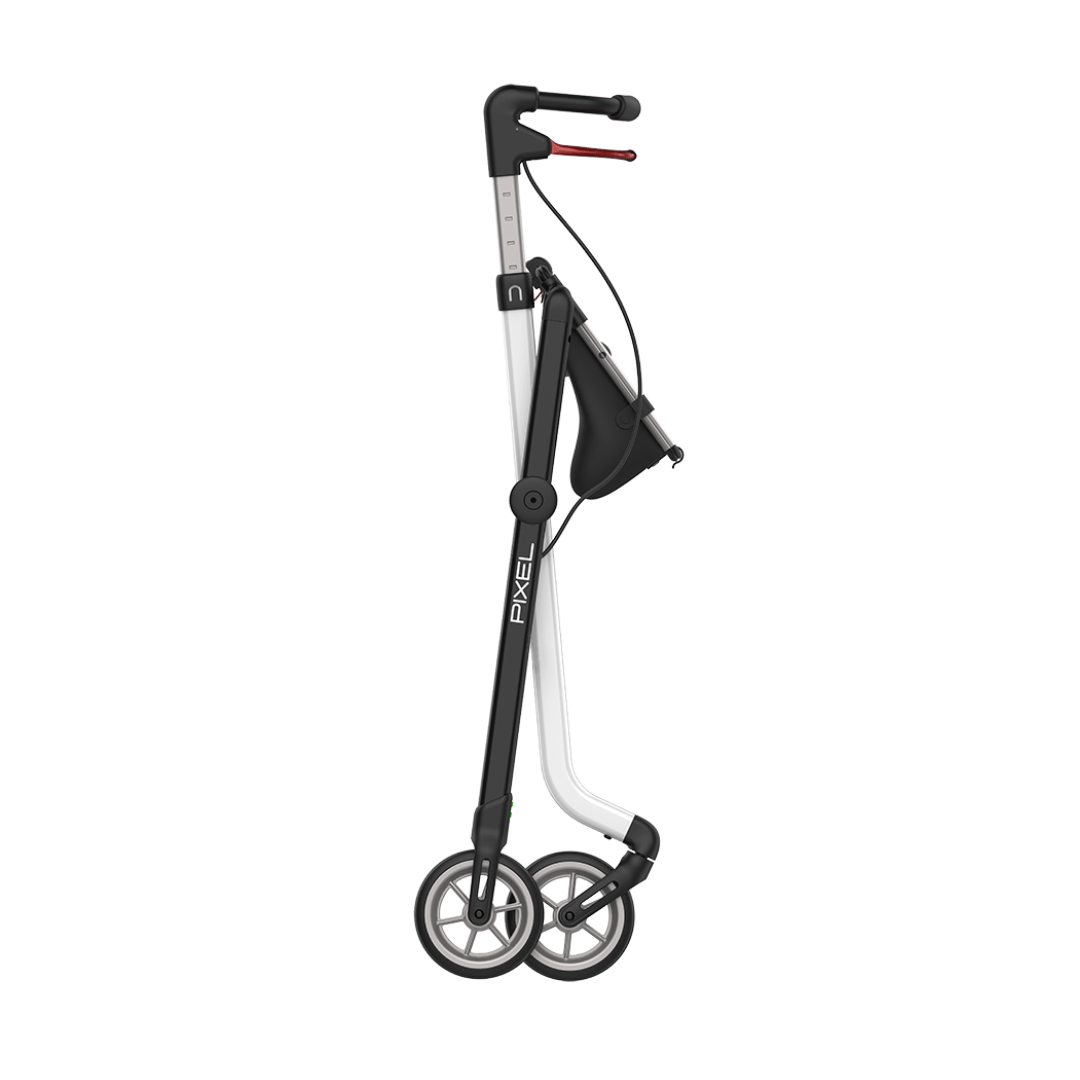 The Rehasense Pixel Indoor Rolling Walker features a slim black and silver frame, two large wheels, and a compact folding design. It includes a small storage pouch for convenience, making it ideal for modern indoor mobility.